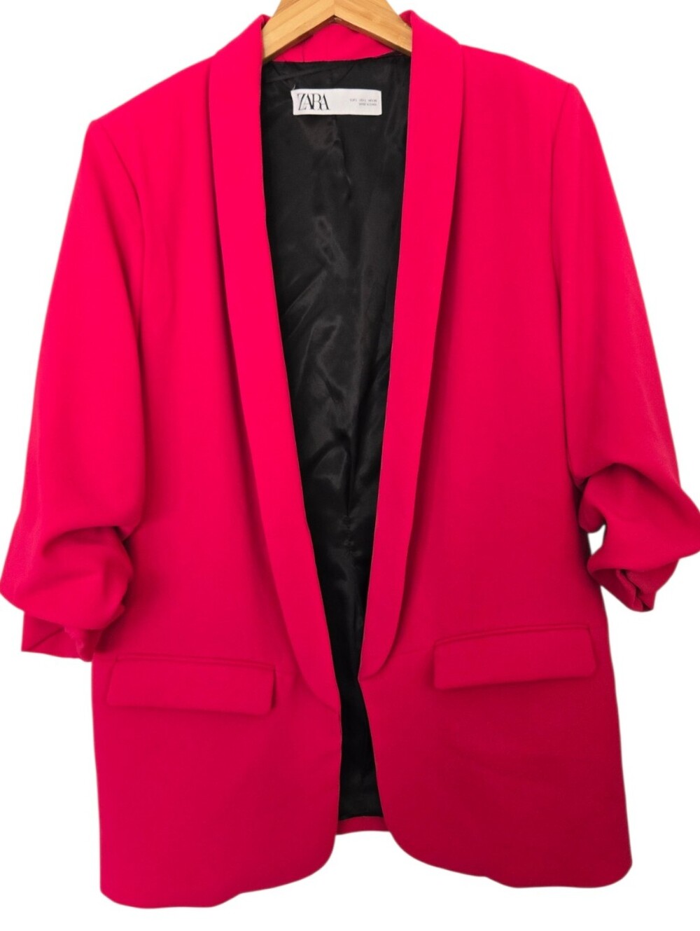 Zara Hot Pink Ruched Sleeve Blazer Open Front Barbiecore Jacket Large - Picture 2 of 5